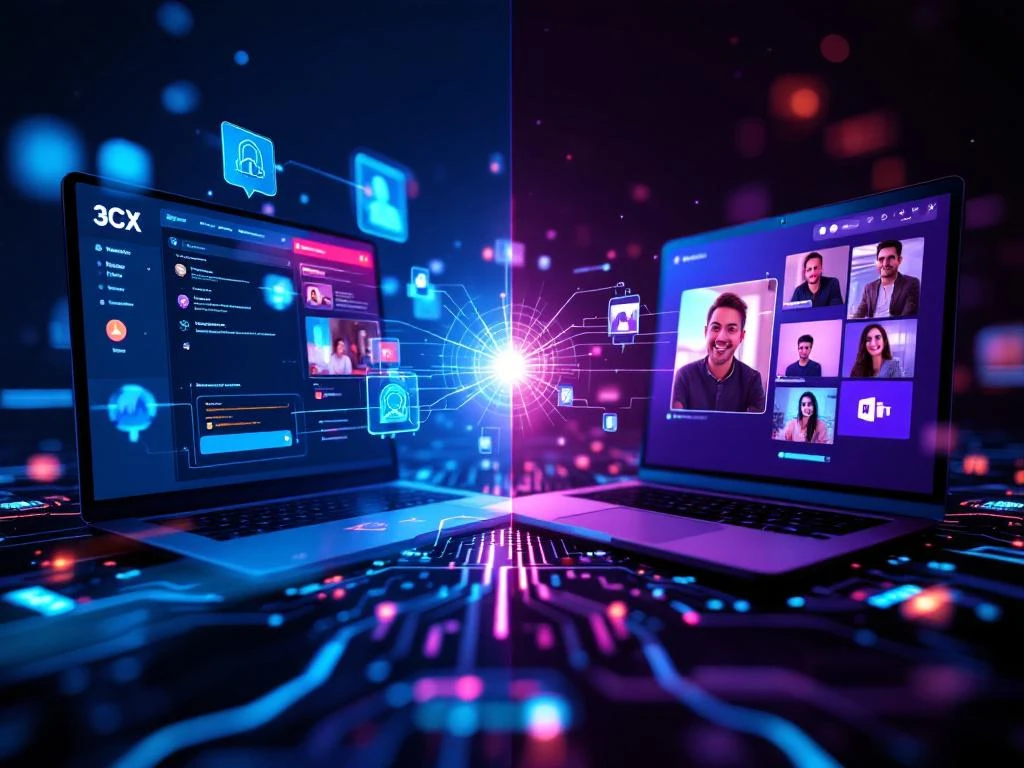 Integratie van 3CX en Microsoft Teams platforms met digitale verbindingslijnen die beide interfaces verbinden