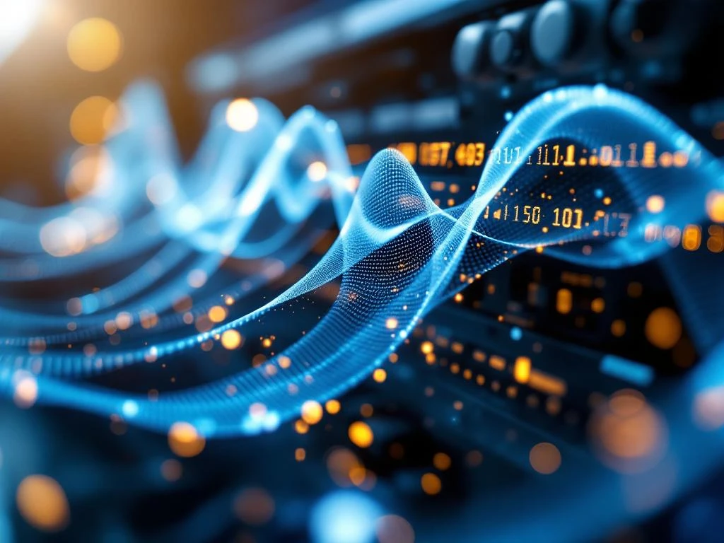 Geavanceerde audiogolven stromen door glasvezelkabels met blauwe datastreams en telecommunicatie-apparatuur op achtergrond