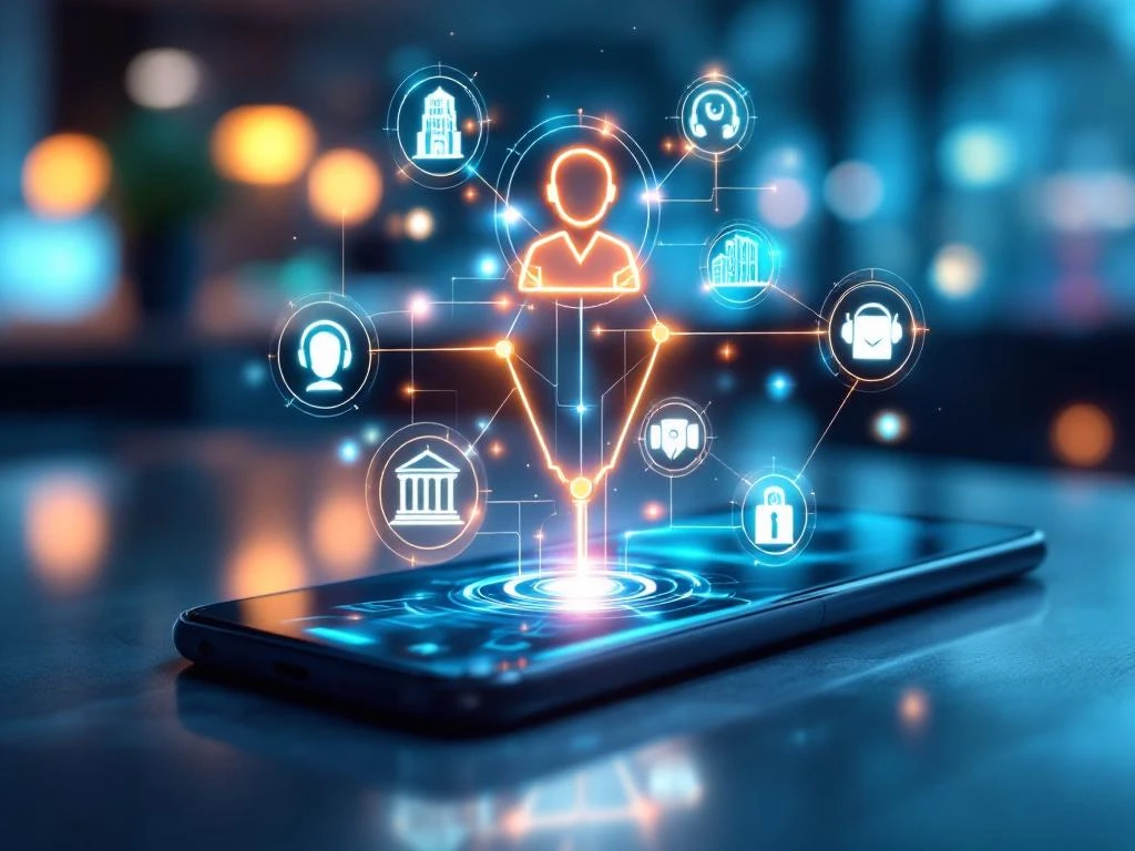 Smartphone met zakelijke call routing interface toont gloeiende verbindingslijnen naar kantoorgebouwen en communicatiesymbolen