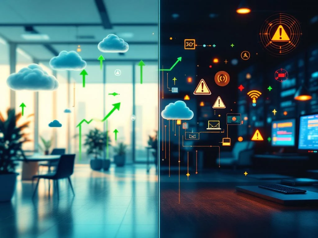 Split-screen kantooromgeving toont cloud VoIP voordelen links met groene pijlen en nadelen rechts met waarschuwingssymbolen