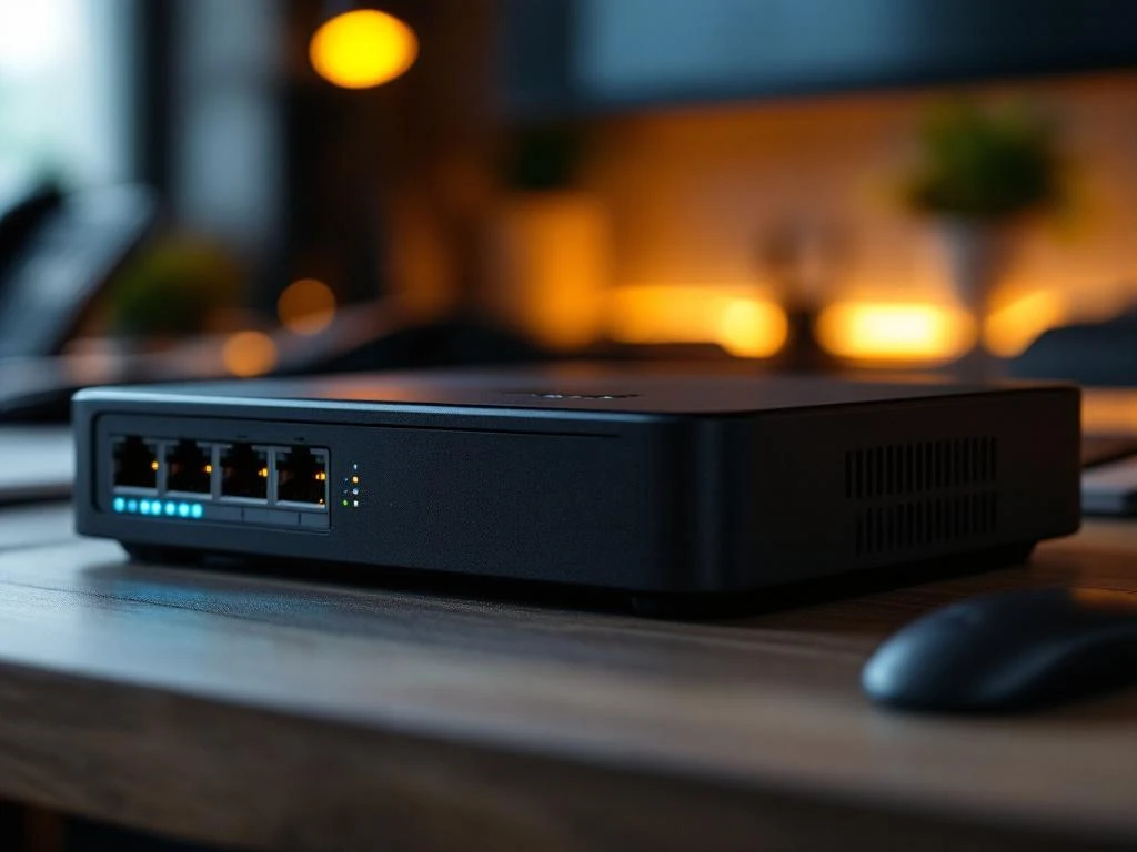 Zwarte enterprise router met blauwe en groene LED-indicatoren op modern kantoorbureau met VoIP-telefoon op achtergrond