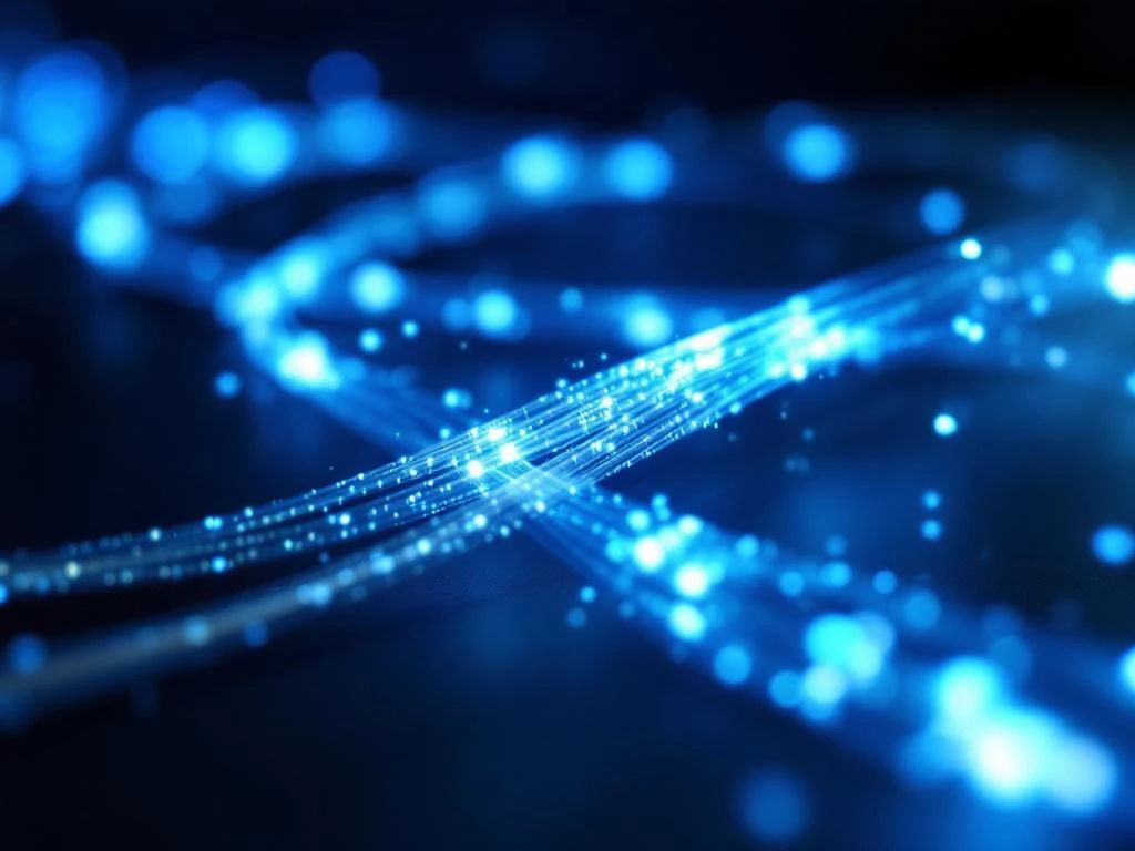 Glasvezelkabel met blauwe lichtstromen verbonden met moderne VoIP-telefoon op donkere professionele ondergrond