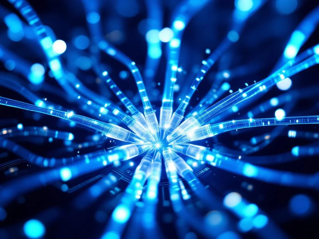 Glasvezelkabels met blauwe lichtstromen verbonden met moderne VoIP-telefoon, digitaal netwerk met vertakkingen