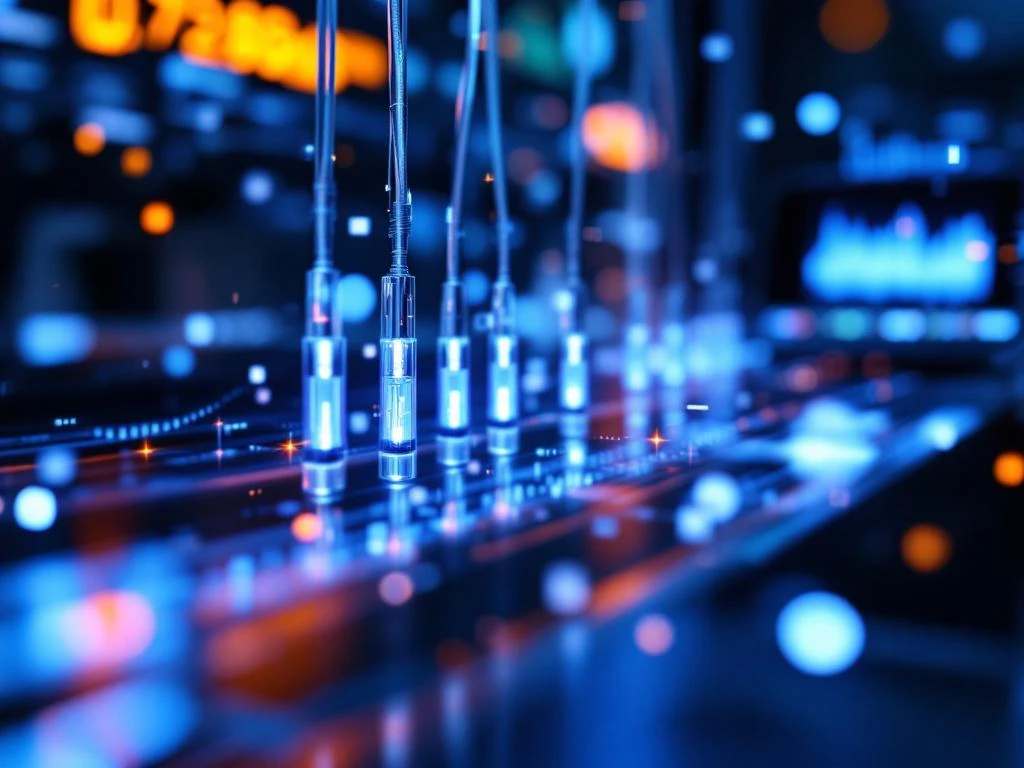 Glasvezelkabels met blauwe datastromen en VoIP-telefoon op bureau met digitale netwerkmeters en telecommunicatie-elementen