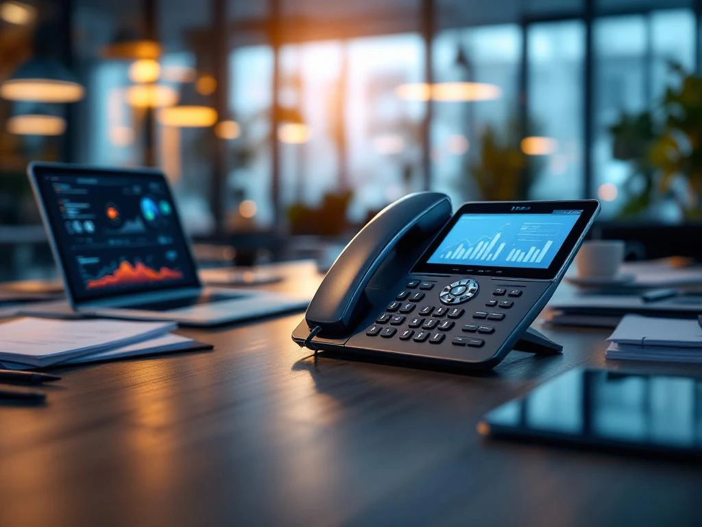 Moderne IP-telefoon op zakelijk bureau met laptop, tablet en documenten in professioneel kantoor