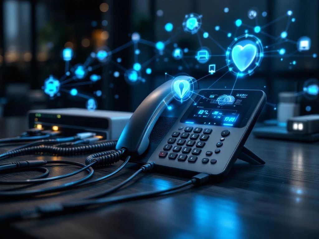 Moderne kantoortelefoon op bureau met netwerkrouteur, ethernet kabels en holografische data-iconen in blauw licht