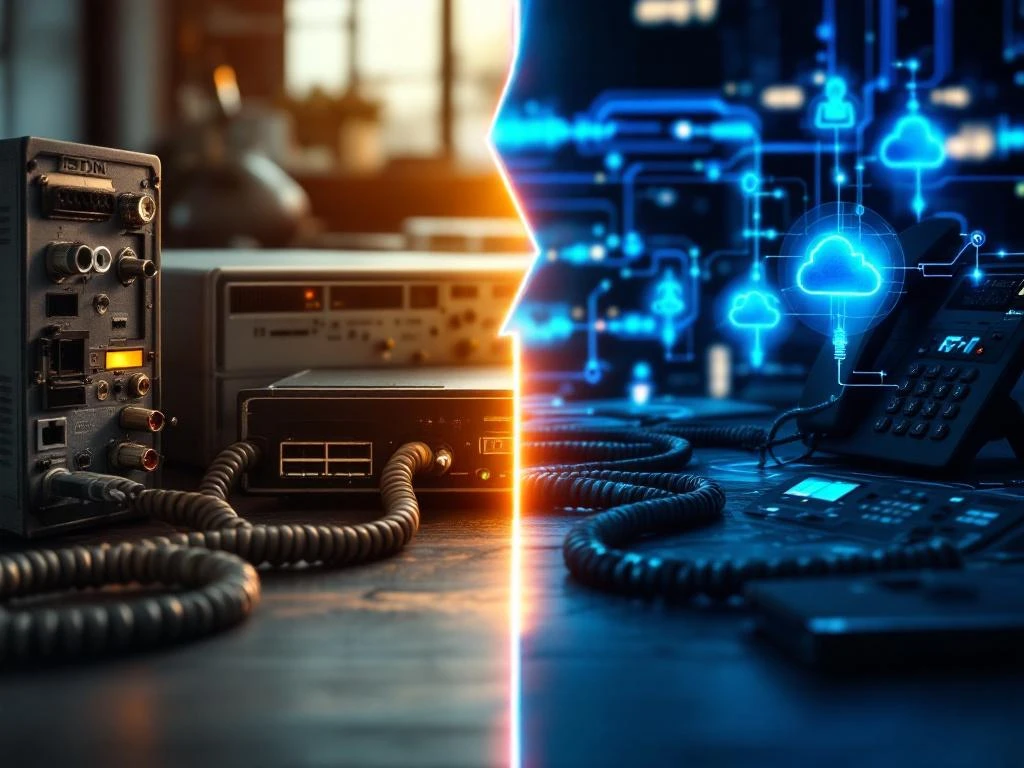 Evolutie van oude ISDN-telefonie naar moderne VoIP-technologie met glasvezelkabels en cloudconnectiviteit