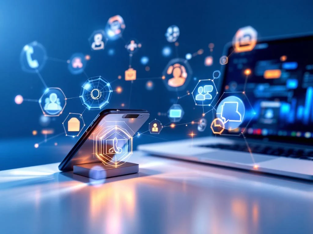 Smartphone en laptop met Microsoft 365 interface omgeven door holografische VoIP-communicatie iconen op wit bureau