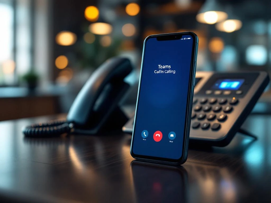 Smartphone met Microsoft Teams belfunctie naast VoIP telefoon op houten bureau in modern kantoor