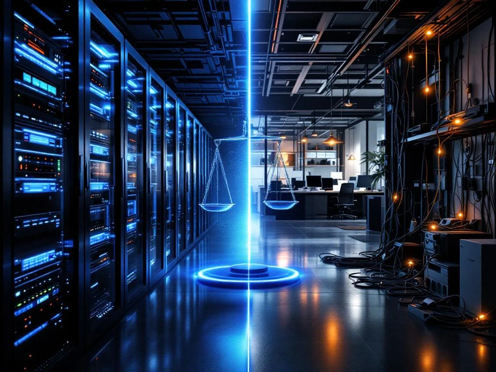 Gesplitste weergave van moderne serverruimte versus rommelig traditioneel kantoor met weegschaal symbool in het midden