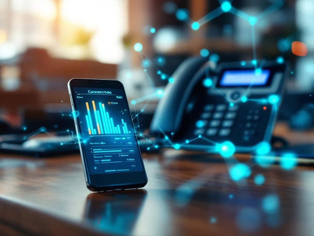 Smartphone toont signaalsterkte-indicatoren op houten bureau met VoIP-telefoon en netwerkkabels op achtergrond