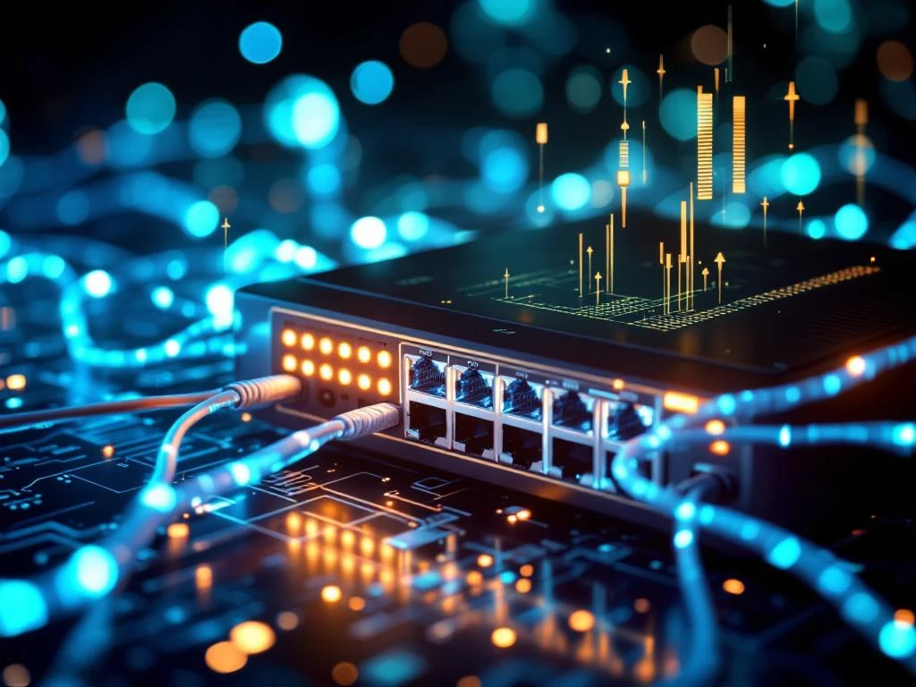 Hoogwaardige netwerkrouter met gloeiende LED-indicatoren en blauwe datastromen voor VoIP-kwaliteitsbeheer