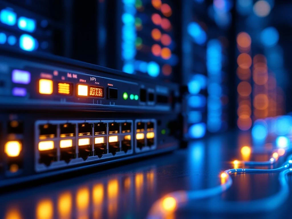 Netwerkservers met blauwe LED-indicatoren en glasvezelkabels voor VoIP-infrastructuur en redundante verbindingen