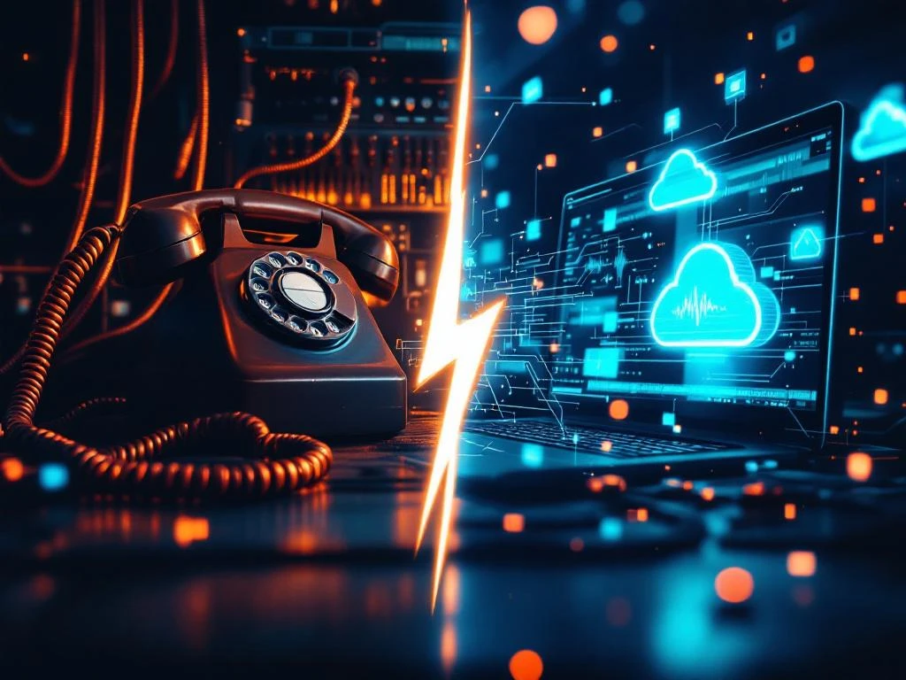 Splitscreen vergelijking van vintage draaitelefoon met koperen draden links en moderne digitale apparaten rechts