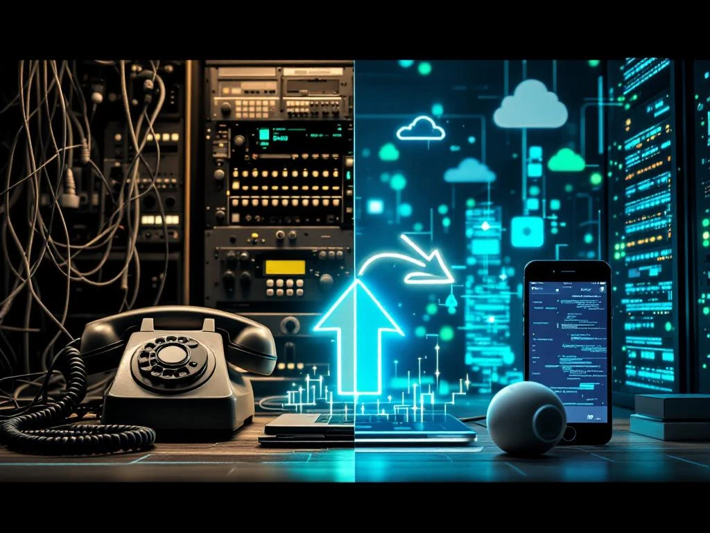 Telefoonmigratie van oude draaitoestel naar moderne smartphones en cloud servers met verbindende pijl