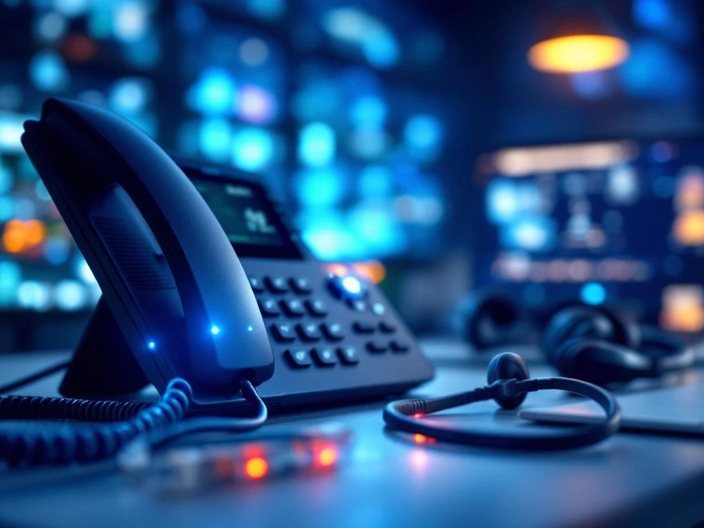 IP-telefoon met LED-indicatoren op modern bureau met headset, laptop en ethernetkabels voor zakelijke communicatie