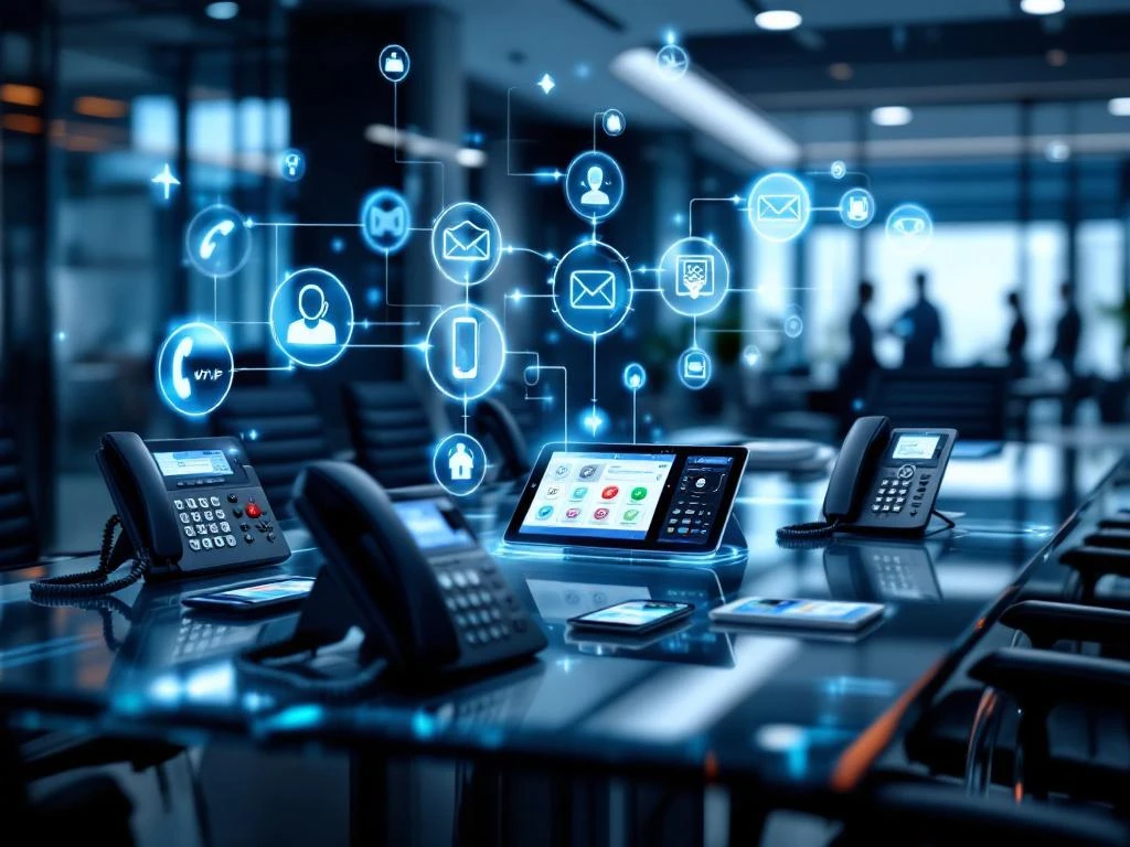 Moderne VoIP bedrijfstelefonie apparaten op glazen vergadertafel met holografische communicatie-iconen in professioneel kantoor