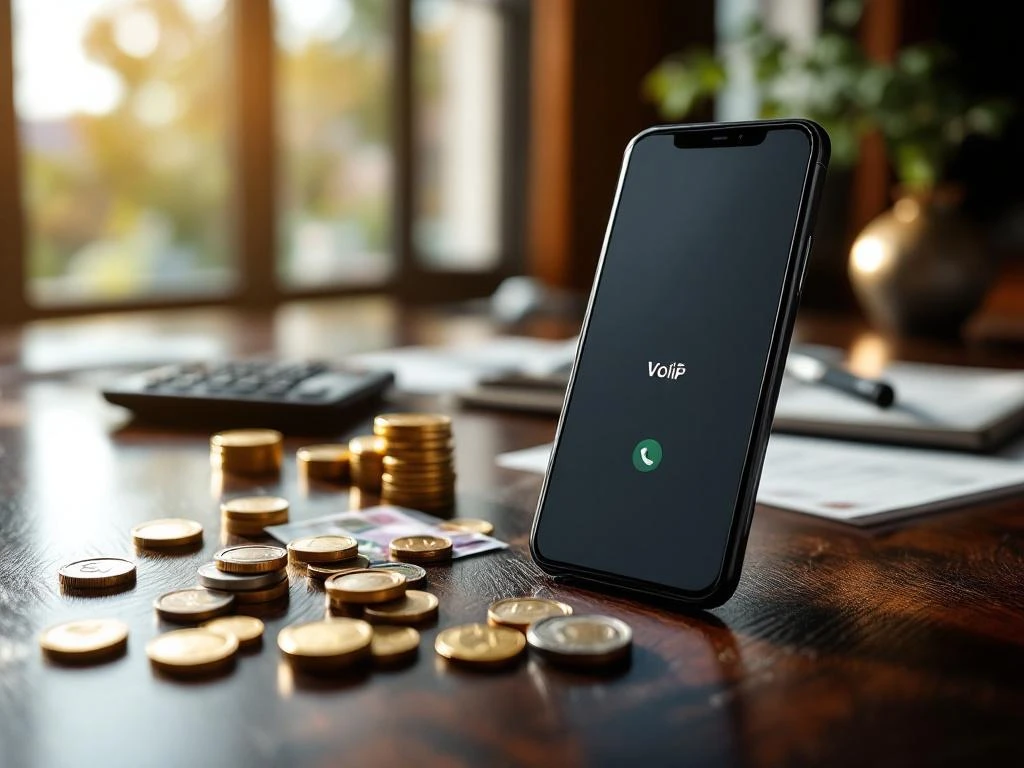 Smartphone met VoIP-interface naast eurobiljetten en munten op donker houten bureau in moderne kantooromgeving