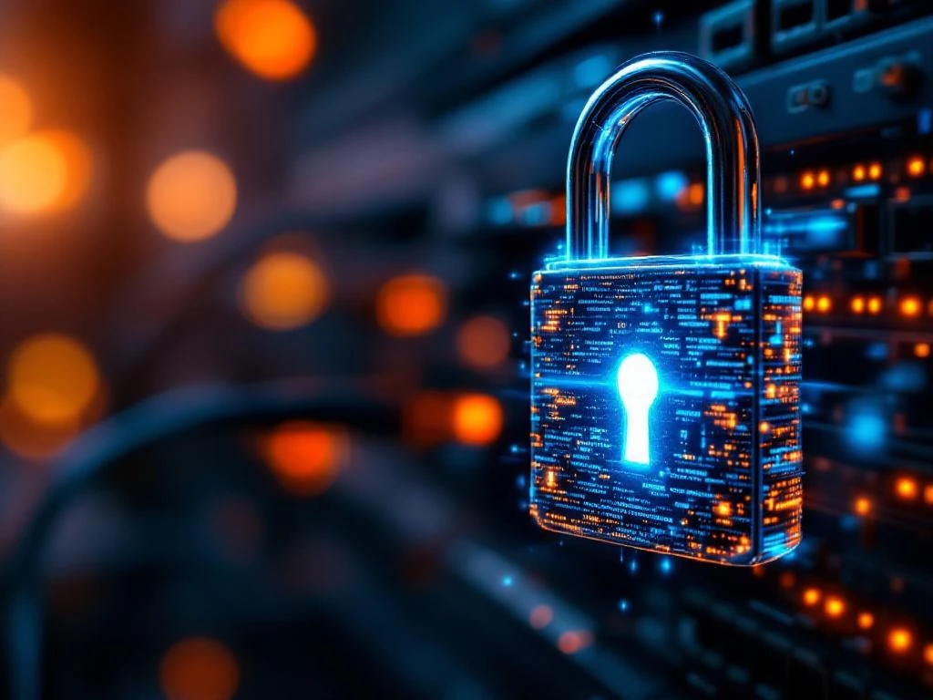 Digitaal hangslot met blauwe cybersecurity gloed over VoIP netwerkachtergrond met ethernet kabels en encryptie