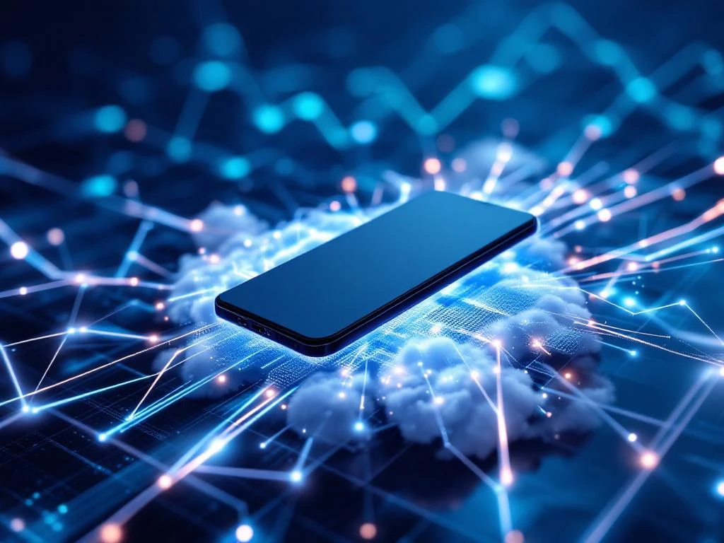 Smartphone zweeft boven digitale cloud met fiber optic kabels en netwerkverbindingen in zakelijke omgeving