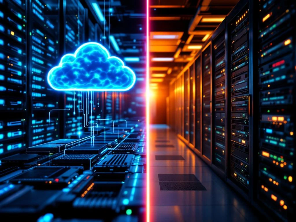 Split-screen vergelijking van cloud VoIP servers met blauwe verlichting links en traditionele on-premise serverruimte rechts