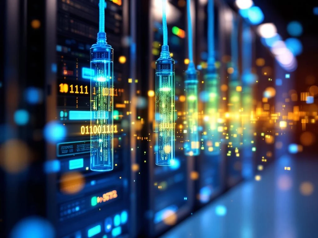 Glasvezelkabels met gloeiende blauwe en groene datastromen, digitale geluidsgolven en serverracks op de achtergrond