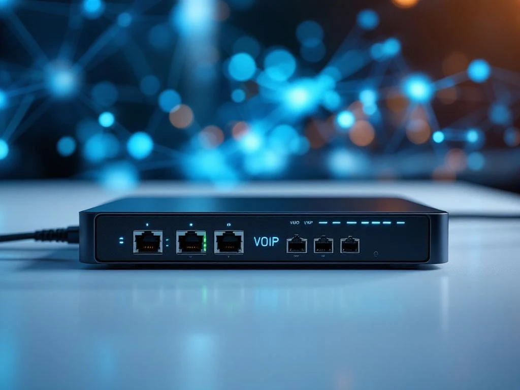 Moderne VoIP-gateway met verlichte ethernet-poorten en glasvezelkabels op witte ondergrond met netwerkvisualisatie