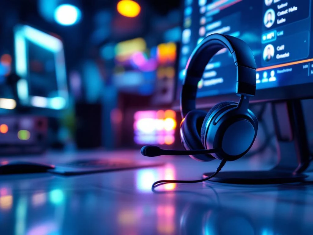 Moderne headset op bureau met VoIP-interface op monitor, netwerkapparatuur en LED-verlichting in professionele werkruimte