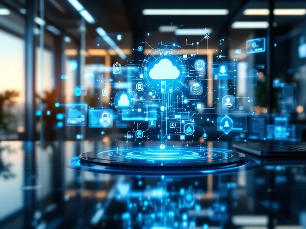 Futuristisch kantoor met holografische VoIP-communicatie-interfaces, netwerkvisualisaties en cloud-connectiviteitssymbolen