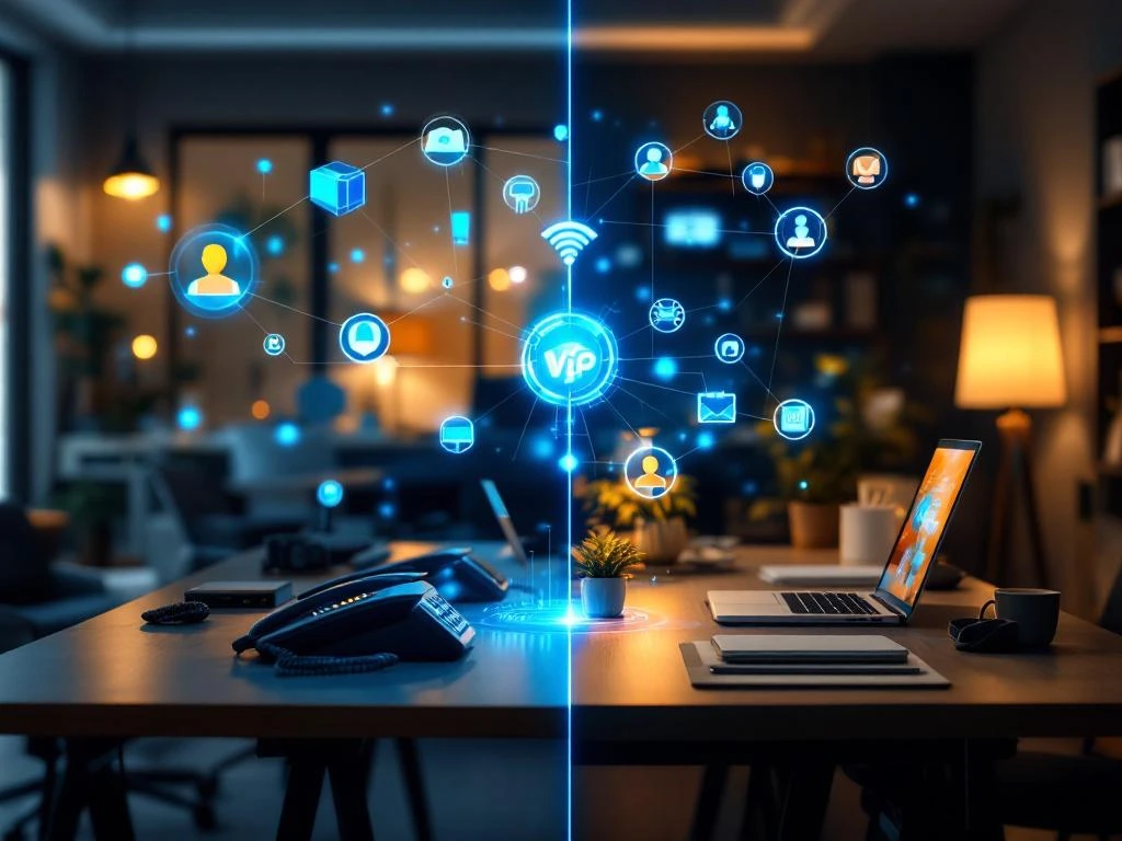 Moderne kantooromgeving en thuiswerkplek verbonden door holografische VoIP-iconen en blauwe netwerklijnen