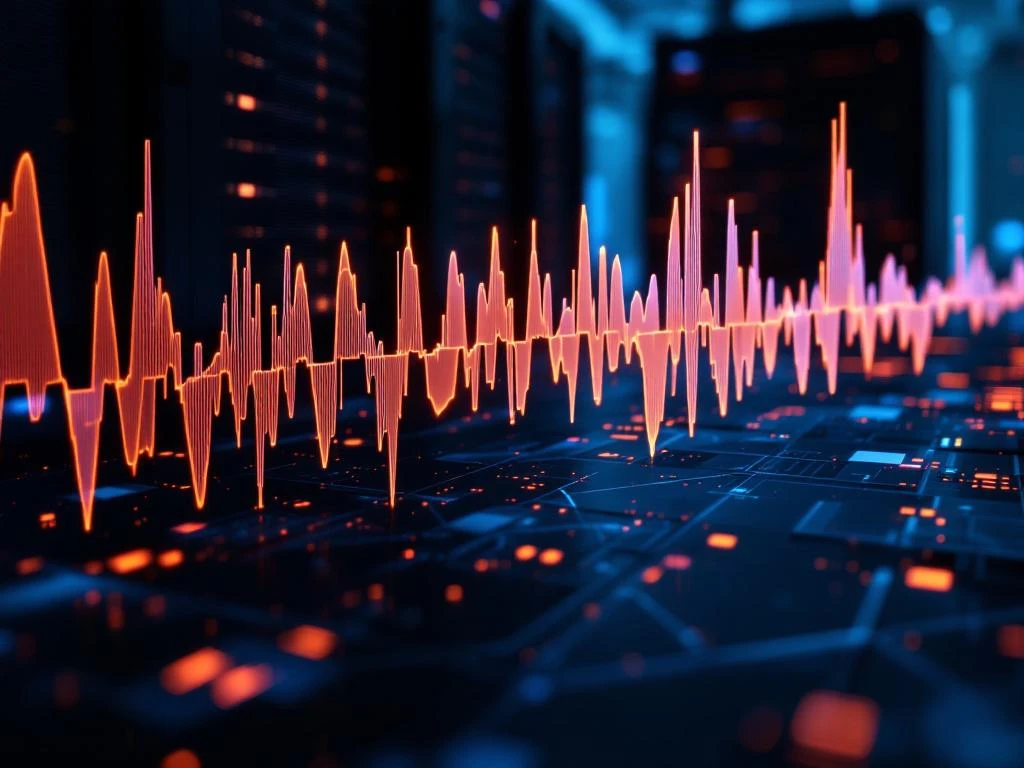 Verstoorde digitale geluidsgolven met onregelmatige pieken die VoIP-jitter illustreren tegen technologische achtergrond