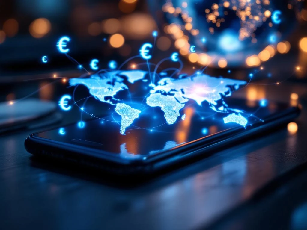 Moderne smartphone toont wereldkaart met verbindingslijnen en zwevende euro-symbolen voor VoIP-technologie