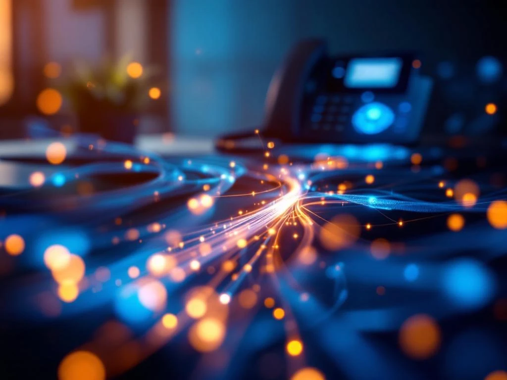Glasvezelkabels met blauwe en oranje datastromen naast VoIP-telefoon op moderne kantoorbureau, latentie visualisatie