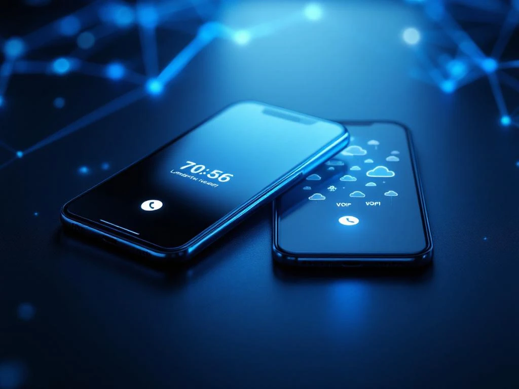 Twee smartphones naast elkaar tonen overgang van vaste telefonie naar VoIP-technologie met blauwe schermverlichting