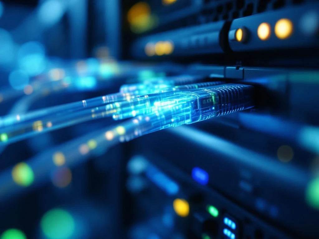Glasvezelkabels splitsen zich in meerdere verlichte routes met blauwe en groene lichtpulsen, serverapparatuur op achtergrond