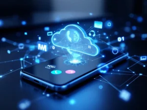 Moderne smartphone met VoIP-interface omringd door blauwe digitale signalen en netwerkverbindingen op donkere ondergrond