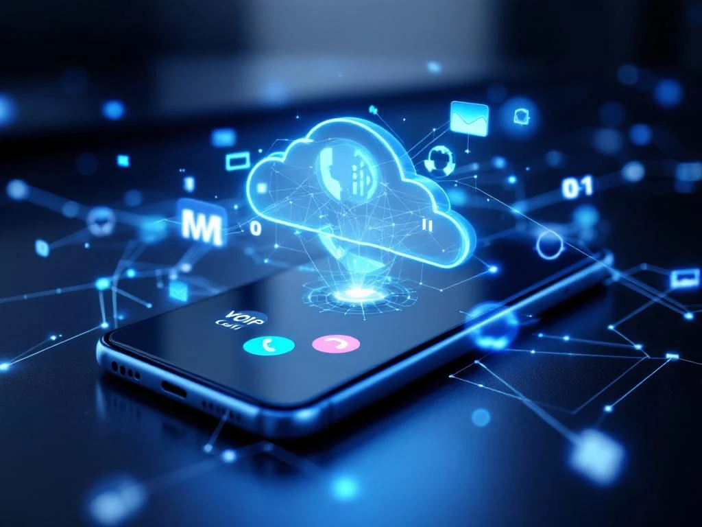 Moderne smartphone met VoIP-interface omringd door blauwe digitale signalen en netwerkverbindingen op donkere ondergrond