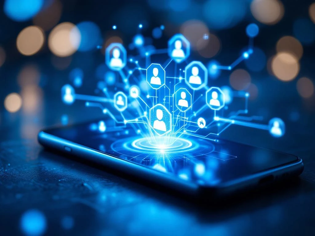 Moderne smartphone met gloeiende VoIP-interface en zwevende communicatie-iconen in blauw en wit licht op donkere ondergrond