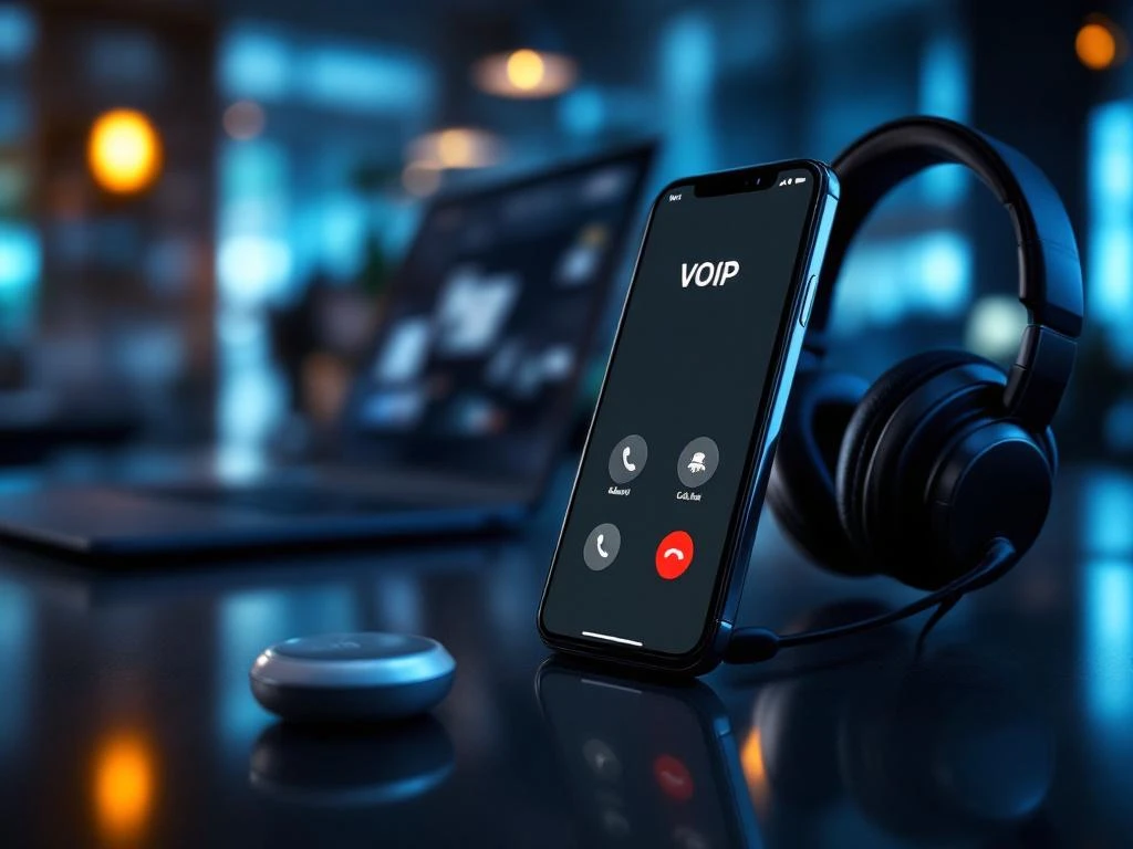 Smartphone met VoIP-interface op bureau naast headset en laptop in modern kantoor met blauwe en witte tinten