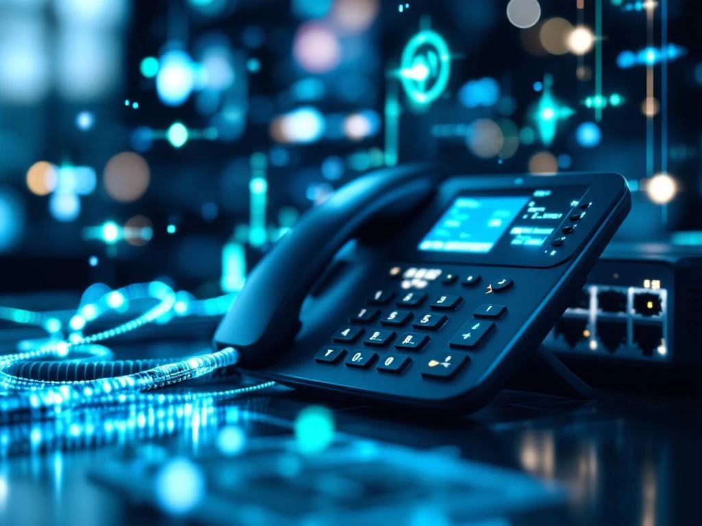 Moderne VoIP IP-telefoon op bureau met glasvezelkabels en netwerkrouter, digitale spraakgolven op achtergrond