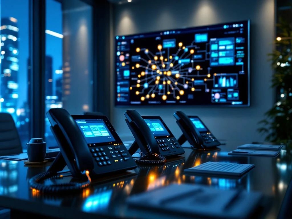 Moderne VoIP-telefoons met LED-indicatoren op vergadertafel in bedrijfskantoor met netwerkdiagrammen op wandmonitor