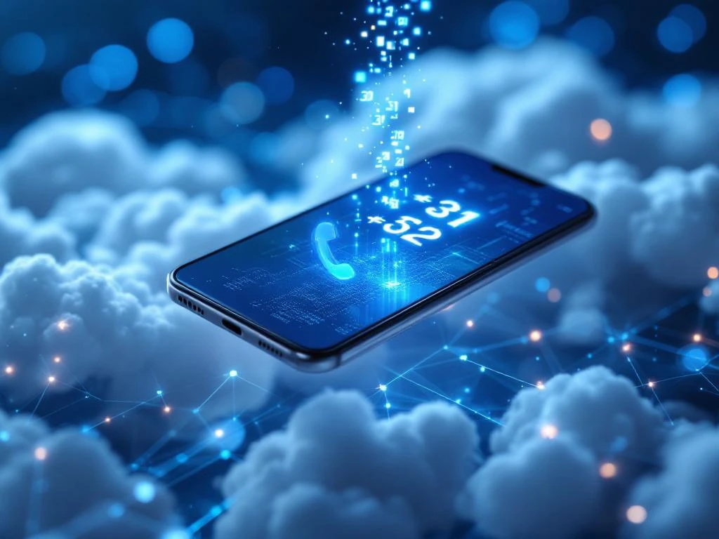 Smartphone zweeft boven digitale wolk met VoIP telefoonnummers die omhoog stromen in blauw netwerk van verbonden knooppunten