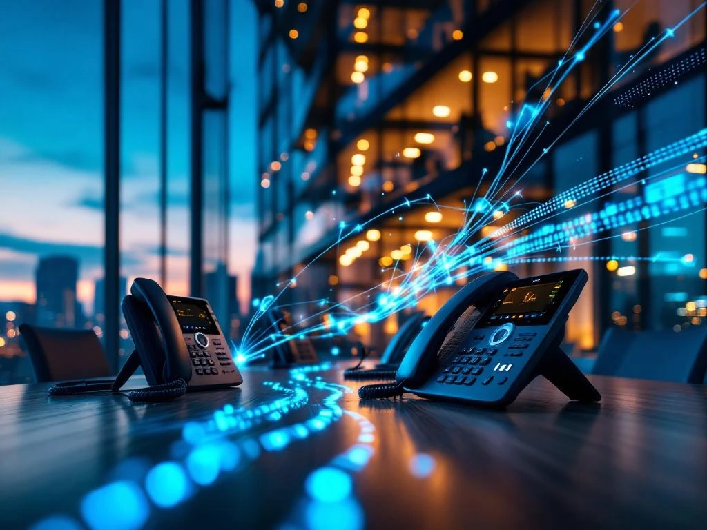 Moderne glazen kantoorgebouw bij schemering met VoIP-telefoons en headsets op vergadertafel met glasvezelkabels