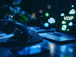 Moderne kantoorbureau met ontkoppelde vaste telefoon naast smartphone en laptop met VoIP-interface en zwevende beliconen