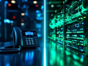 VoIP bureautelefoon met ethernet-kabel links, IP-telefonie serverrek met glasvezelkabels rechts in split-screen vergelijking