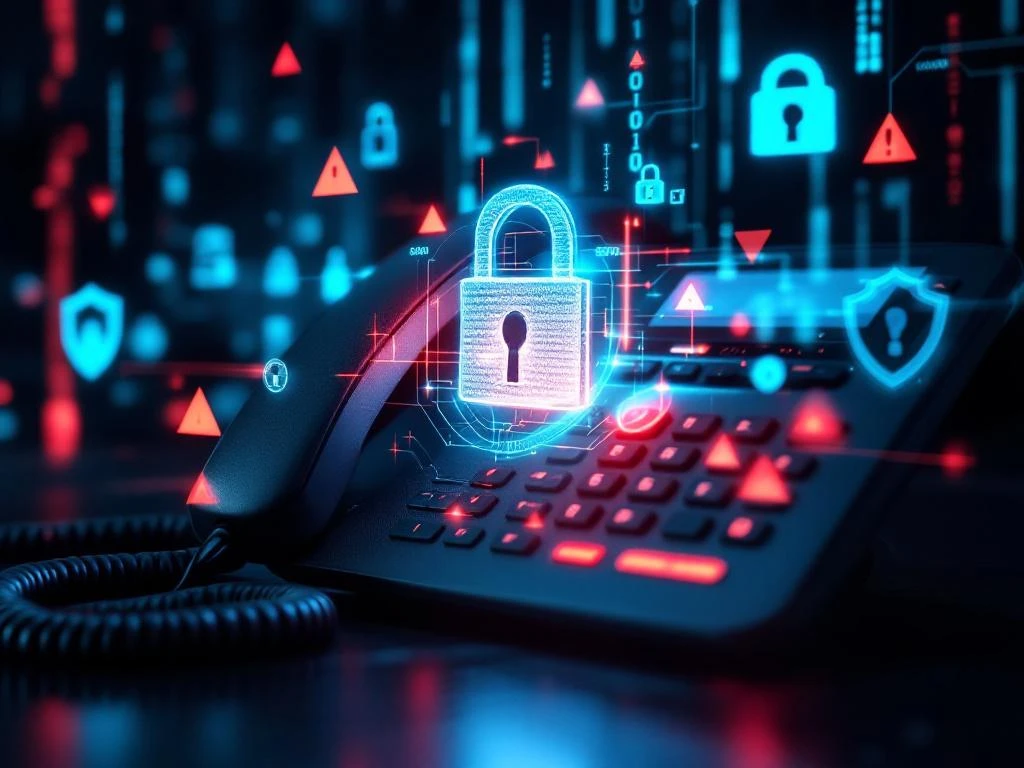 Zwarte VoIP-telefoon met blauwe beveiligingssymbolen en schilden die rode hackerwaarschuwingen afweren op donkere achtergrond