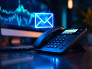 Moderne VoIP bureautelefoon met blauwe LED-indicatoren en zwevend voicemail-icoon op donker houten bureau