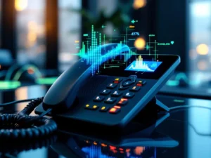 Moderne VoIP bureautelefoon met LED-indicatoren en holografische signaalsterkte-balken op donker glazen oppervlak