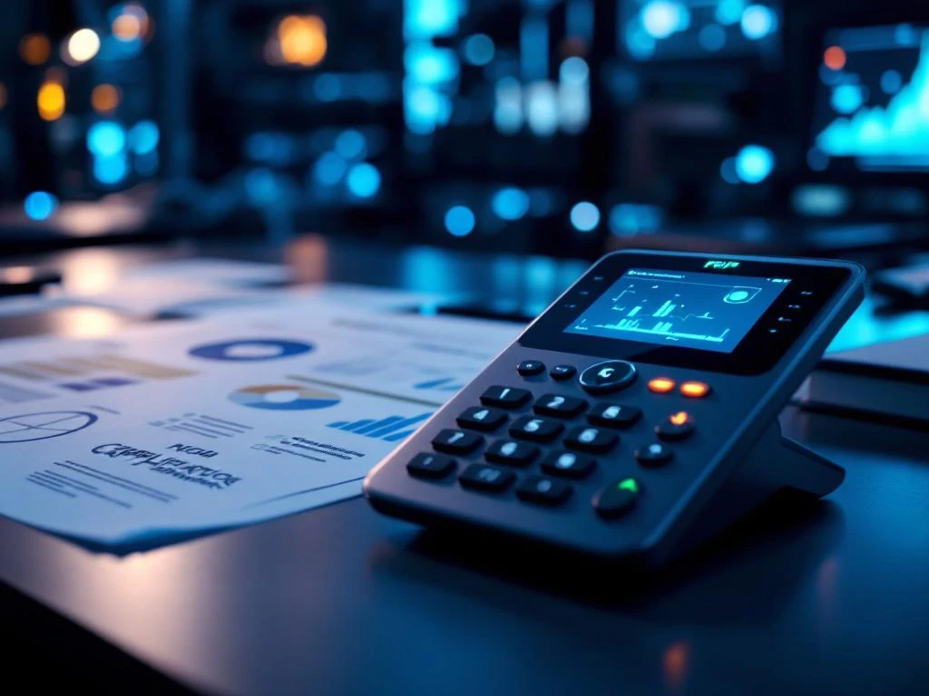 Moderne VoIP-telefoon met LED-indicatoren op zakelijke bureau naast compliance documenten en tablet met regelgeving