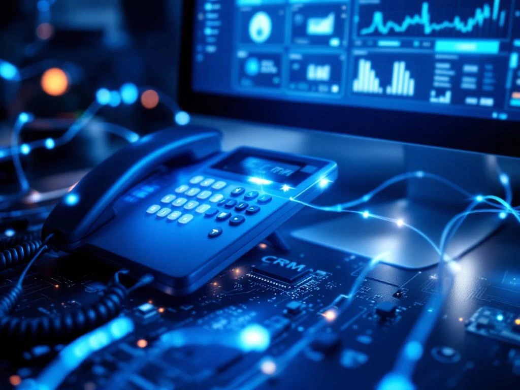 VoIP telefoon op bureau verbonden met computermonitor met CRM-dashboard via glasvezelkabels met blauwe lichtpulsen